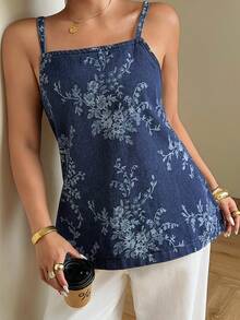 Dazy Plus Top de tirantes rectos de mezclilla con estampado floral, estilo vacacional, tallas grandes para mujer, primavera/verano - Azul lavado oscuro - Ver 7