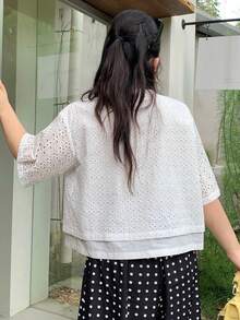 Dazy Plus Plus Size Women's White 2 In 1 Hollow Out Short Sleeve Blouse, Summer New Design Unique & Special High-End Style Top Shirt Cute Tops - White - View 8