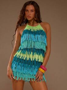 MUSERA Multi Tassel Detail Knit Halterneck Mini Dress Summer Beach Vacation Sexy Cute Boho Travel Festival Pocha - Blue - View 5
