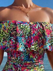 Swim Lushoire Spring/Summer Leopard Print Ruffle Off-Shoulder Side Ruched One-Piece Women's Swimsuit, Festival Boho - Multicolor - View 3