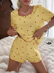 CottageSlumber Conjunto de pijama de mujer con camiseta de manga corta y pantalones cortos, ajuste holgado, punto acanalado, costura densa, estampado de corazones pequeños rojos - Amarillo - Ver 6