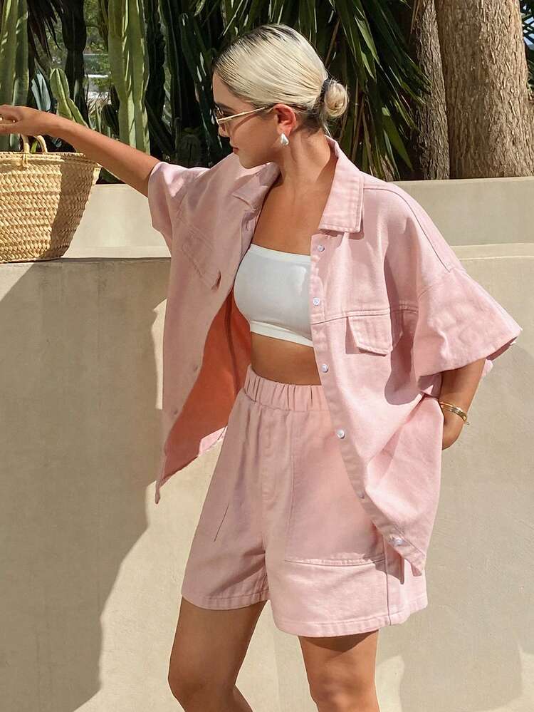 Women's Summer Lapel Loose Sleeveless Shirt And Shorts Casual Denim Set