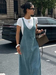 Dazy Tall Women's Deep V-Neck Spaghetti Strap Long Denim Dress, Tall Women - Medium Wash - View 8