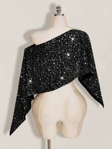 SHEIN ICON 女款單肩亮片休閒性感百搭上衣，適合日常、夜晚外出、派對、夜店、出遊，黑色夏季款 - 黑色 - 查看 2