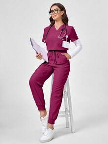 TaskEZ Short Sleeve Top And Long Pants Scrub Uniform Set - Red Violet - View 8