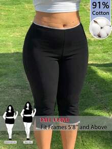 SHEIN Tall CURVE 大码女式弹力腰休闲七分紧身裤 - 黑色 - 查看 3