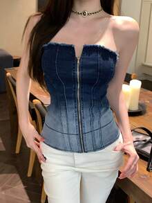 Joudiya 春夏紮染漸層性感音樂節抹胸式背心開襟外套收腰設計婚禮宴會舞會晚禮服時尚派對修身優雅通勤女款牛仔上衣 - 中等水洗藍 - 查看 7