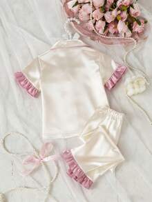 Baby Girl Solid Color Short Sleeve Long Pants Bow Embroidery Ruffle Trim 2-Piece Loungewear Set Spring Summer - Champagne - View 2