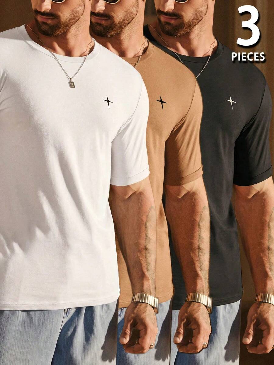 SIGLOCORE Men's Crew Neck Casual Versatile Daily Wear Short Sleeve T-Shirt 3pcs Set - Multicolor - View 1