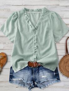 Linhara Women's Plus Size Solid Textured Fabric V-Neck Short Sleeve Casual Regular Fit Shirt Going Out Tops Vacation Club - Olive Green - View 5