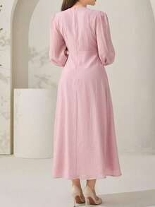 Solavon Vestido elegante de mujer talla grande con cuello redondo, mangas farol, patchwork y volantes - Rosa vieja - Ver 3
