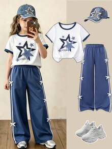 SHEIN 青少年女孩休閒T恤套裝 印花圓領短袖T恤與工裝褲 2件組 春夏季 - 彩色 - 查看 6