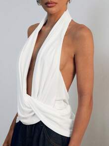 Hauture Women's Sexy Backless Asymmetrical Design Sleeveless Halter Top - White - View 3