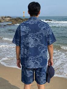 DAZY Floral Jacquard Design Short Sleeve Shirt Paired With Shorts Denim Suit For Men Summer - Blue - View 2