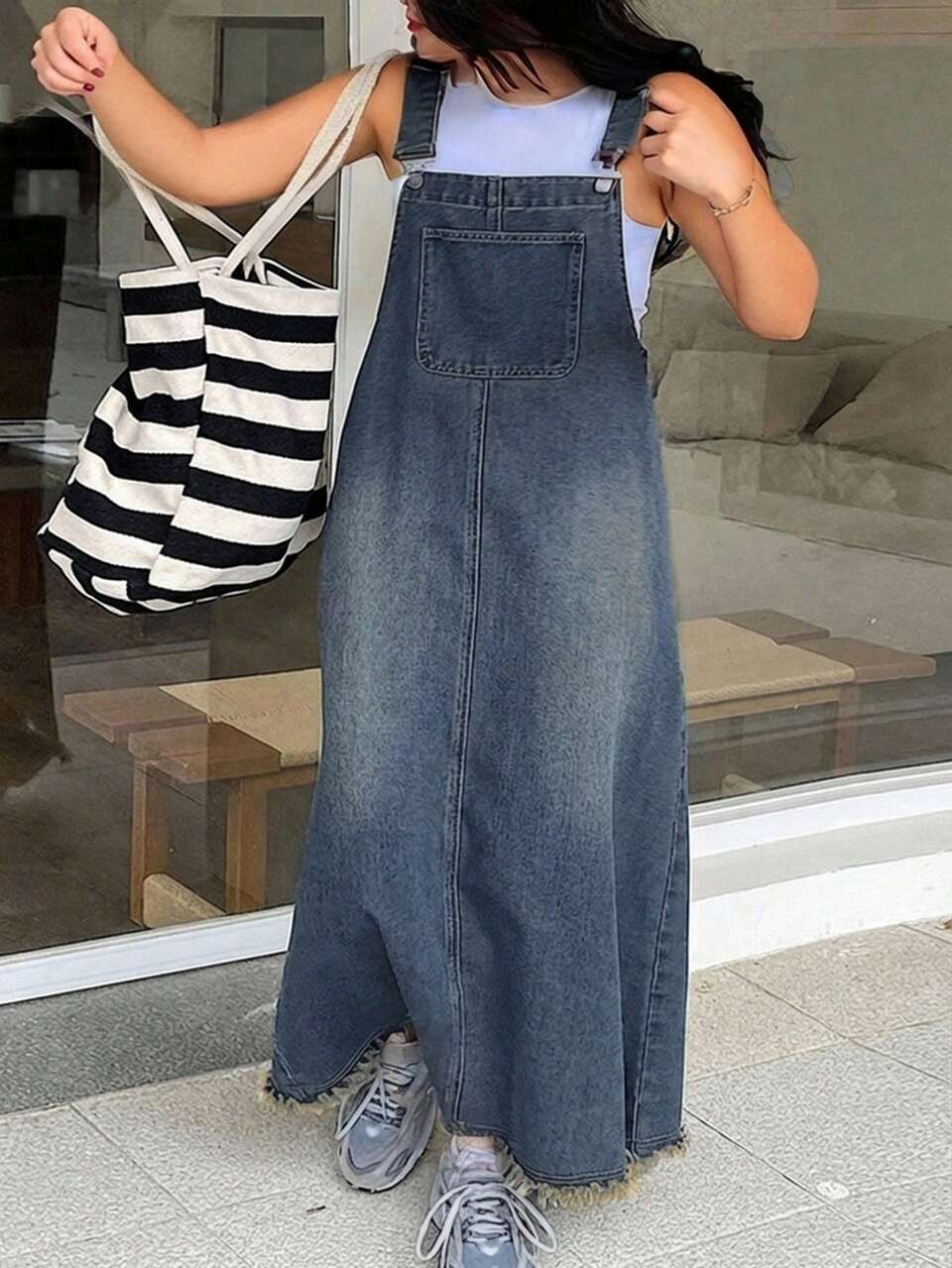 Dazy Plus Dark Wash Distressed Denim Pinafore Maxi A-Line Dress, All Season