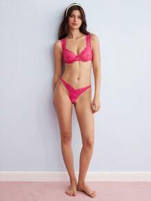 Elorette 經典性感蕾絲飾邊鋼圈內衣 + 丁字褲女用內衣套裝 - 玫紅色 - 查看 6