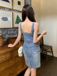 DAZY 女款短版吊帶休閒牛仔洋裝 女孩適用 - 中等水洗藍 - 查看 3