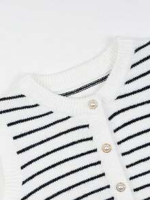 SHEIN Franclia 女款基礎時尚簡約通勤條紋開襟背心 - 黑與白 - 查看 4
