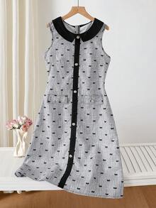 Teen Girl Bow Print Colorblock Fashion Dress, Suitable For Campus Daily, , Parties, Afternoon Tea And Other Light Luxury Occasions - Grey - View 5