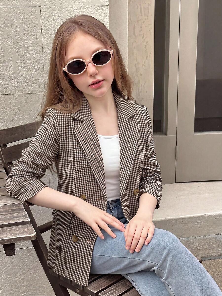 SHEIN 青少年女孩優雅休閒時尚藍白條紋亞麻披肩領百褶七分袖西裝外套,條紋西裝,適合日常穿著,秋冬季節青少年女孩 - 卡其色 - 查看 1