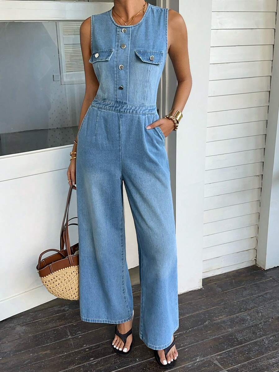 Rivivi Women's Round Neck Button Pocket Casual Daily Travel Denim Jumpsuit - Medium Wash - View 1