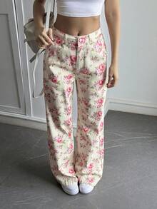 Livesso 女款夏秋春三季白色深色底植物花卉滿版印花寬鬆商務休閒辦公牛仔褲 寬腿直筒 - 米色 - 查看 6