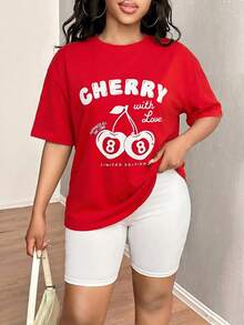 SHEIN SXY Two-Piece Set White High-Elasticity Knit Crew Neck Oversize Cowboy Casual T-Shirt Cherry Print High-Waist Leggings Holiday Summer Gym - Red and White - View 5