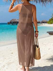 Swim Lushoire 女款手工鉤編鏤空開衩海灘度假罩衫長洋裝 棕色夏季波希米亞風 - 卡其色 - 查看 2