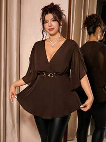 Cravure Plus Size Women's Solid Color V-Neck Casual Versatile Daily Outing Shirt - Brown - View 6