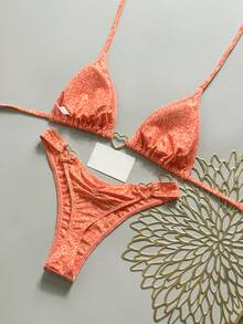 Swim Vcay 2026 Spring/Summer Orange Small Ditsy Floral Spaghetti Strap Halter Neck Tie Side High Cut Tie String Thong Bikini Sexy 2-Piece Set For Women Vacation - Multicolor - View 3