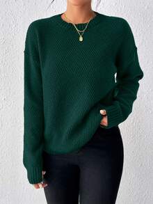 EMERY ROSE Suéter casual de manga larga con cuello redondo y hombros caídos de unicolor para mujer - Verde Oscuro - Ver 5