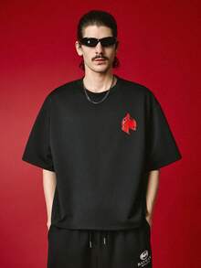 BATMAN X SHEIN STYNVO 男士圓領字母印花休閒百搭日常穿著短袖T恤，度假款 - 黑色 - 查看 2