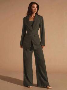 Glamine Completo da donna 3 pezzi verde oliva con collo a revers, casual da pendolare, business versatile per ufficio e uscite, vestibilità ampia, per la Festa degli Insegnanti, estivo - Verde - Visualizzare 6