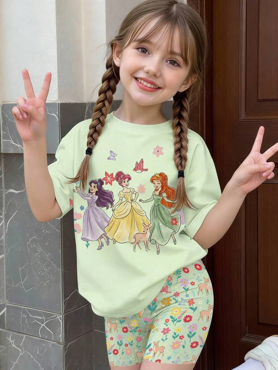 Elladie kids 一套女童休闲甜美可爱薄荷绿短袖套装,梦幻公主印花T恤搭配可爱蝴蝶、小鹿、花朵图案短裤,夏季套装 - 彩色 - 查看 1
