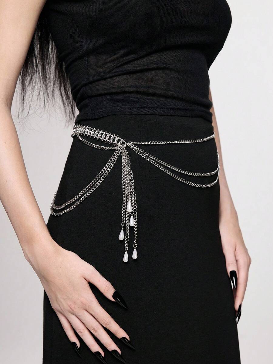 ROMWE Goth 1 件夸张金色性感派对身体链,配多层仿珍珠流苏,女士腰链,送给女朋友、姐妹、生日、度假、派对的礼物 - 銀色 - 查看 1