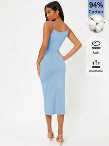 SHEIN BASICS 女款素色貼身優雅細肩帶洋裝 - 灰藍色 - 查看 7