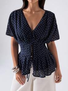 LYSMO Women's Polka Dot Pattern Front Tie Ruffle Hem Shirt - Navy Blue - View 6