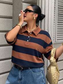 Dazy Plus 女款大碼休閒夏季拼接撞色條紋寬鬆 Polo 領中袖圖案 T 恤 - 摩卡棕 - 查看 6