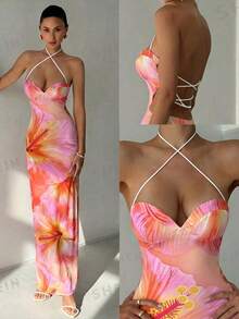 Aloruh Women Long Dresses Vacation Pink Orange Tropical,Wedding Guest,Graduation Dress - Orange - View 5