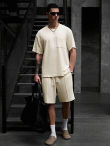 Manfinity CasualCool 男士純色圓領短袖T恤與短褲休閒日常套裝，7月4日美國日、度假穿搭、禮物、節日 - 卡其色 - 查看 6