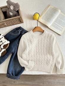 SHEIN LMoss Kids Young Boy Solid Color Crew Neck Long Sleeve Cable Knit Versatile Sweater - White - View 2