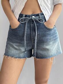 DAZY Women's Summer Short Frayed Hem Drawstring Casual Sexy Denim Shorts Swimming Pastal - Medium Wash - View 2