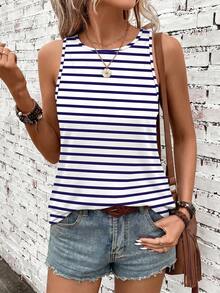 SHEIN LUNE Women's Striped Round Neck Casual Versatile Tank Top - Blue - View 5