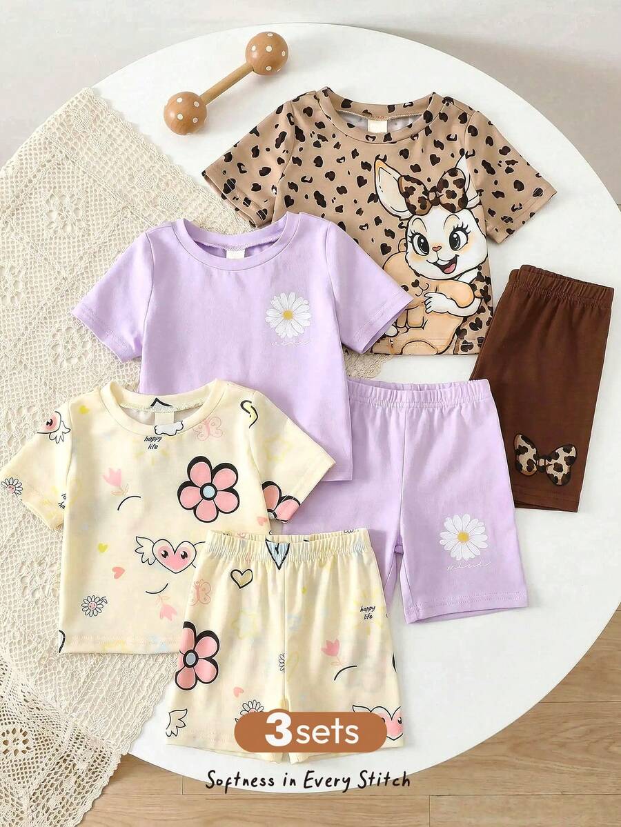 Cozy Pixies 6件套女婴碎花针织柔软圆领短袖上衣和松紧腰短裤套装 - 彩色 - 查看 1