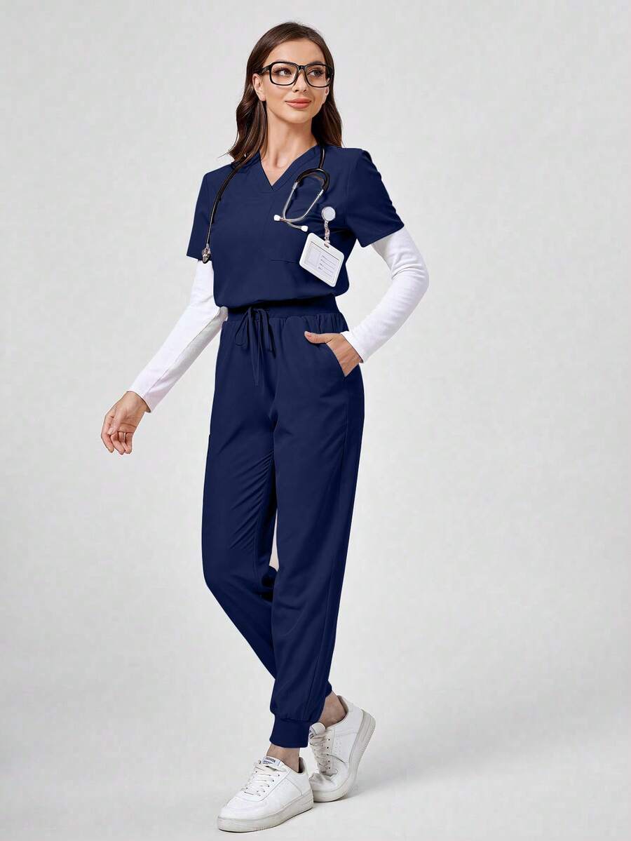 TaskEZ Short Sleeve Top And Long Pants Scrub Uniform Set - Royal Blue - View 1