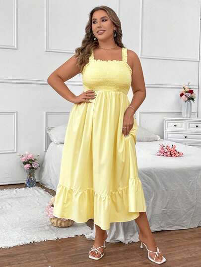 Vionelle Plus Size Summer Casual Solid Color Cami Dress Maxi Women Outfit