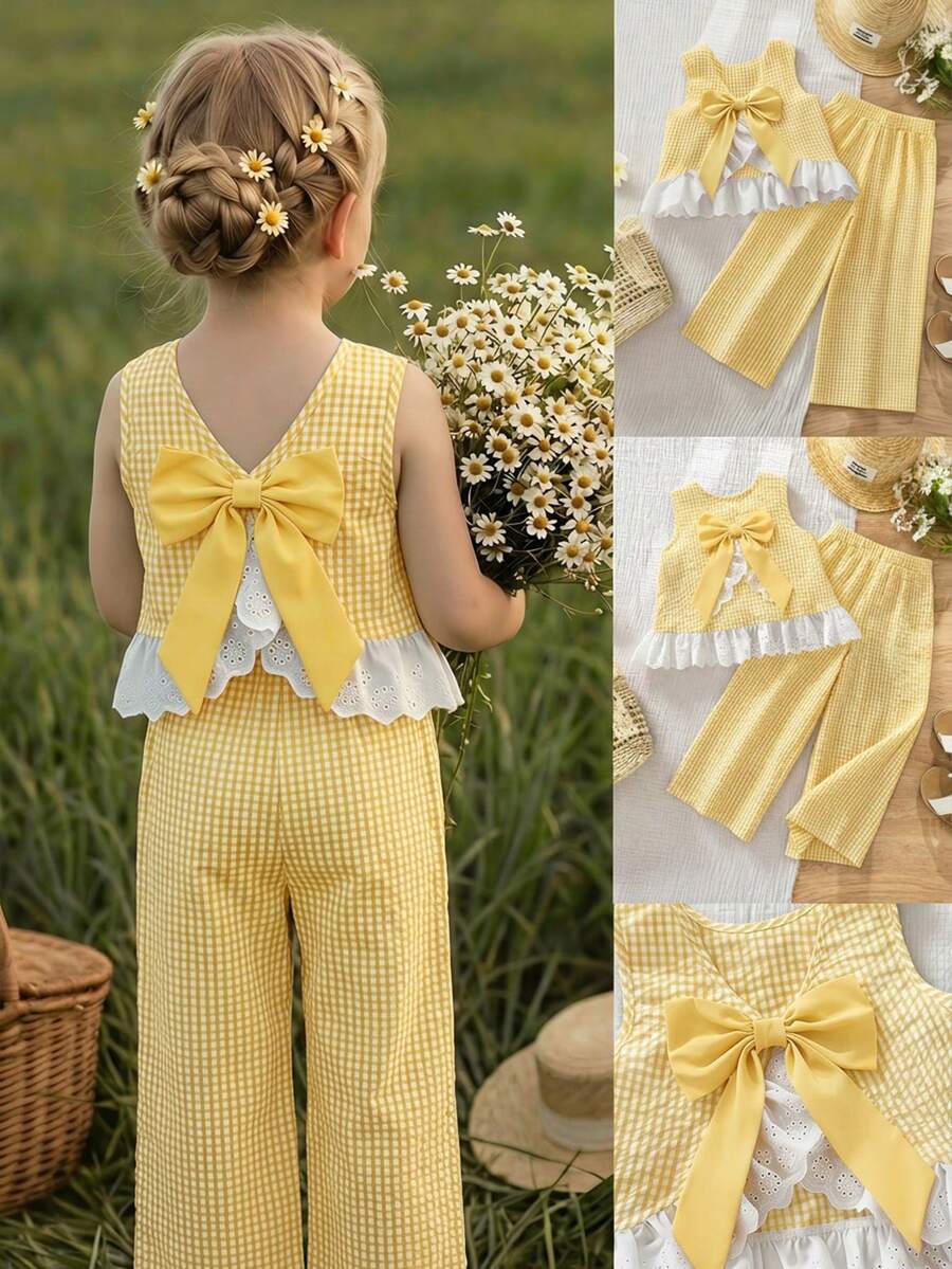 Emery Rose Kids Emery Rose Kids 少女格紋蝴蝶結裝飾上衣與長褲休閒日常套裝 - 黃色 - 查看 1