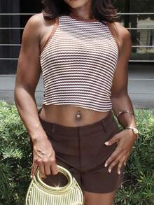 Steph T Women's Summer New Textured Striped Cropped Fitted Round Neck Tank Top - Brown - View 6