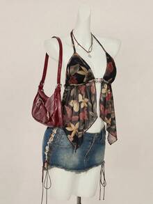 SHEIN ICON Y2K復古性感花卉印花掛脖露背背心，開衩下擺 - 彩色 - 查看 4