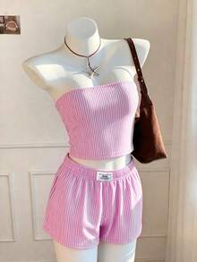 SHEIN EZwear 休閒簡約復古優雅通勤百搭暖粉色與白色條紋印花圖案，女款通勤套裝、海灘套裝、度假套裝、女款夏季套裝，抹胸上衣與短褲女款兩件套 - 彩色 - 查看 5